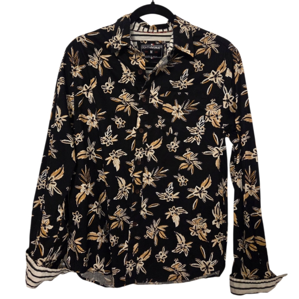 Eighth Avenue Black Floral Button-Down Long Sleeve Cotton Shirt Men's Size Med